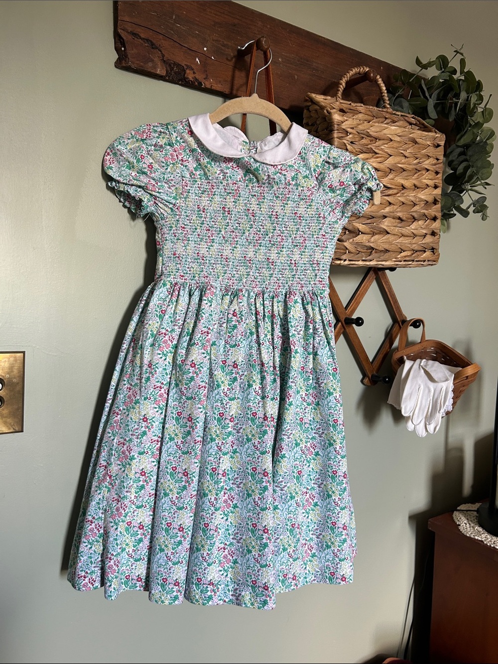 Janie and Jack Mint Green Floral Smocked Dress with White Peter Pan Collar